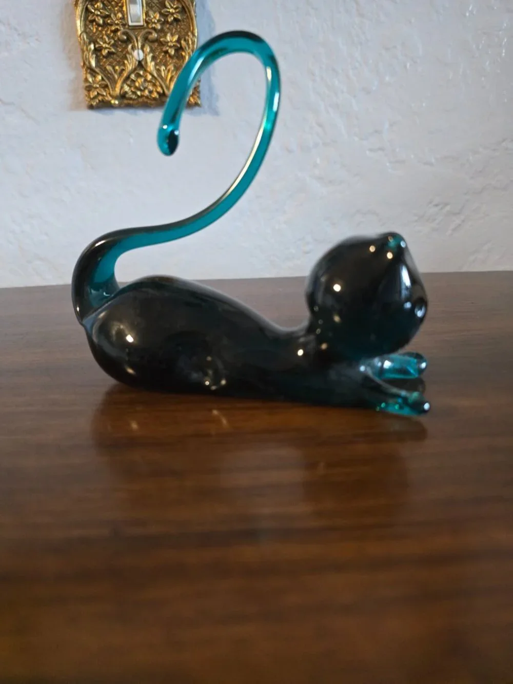 Vintage Hand Blown Glass Cat Figurine Teal/Dark Blue Black